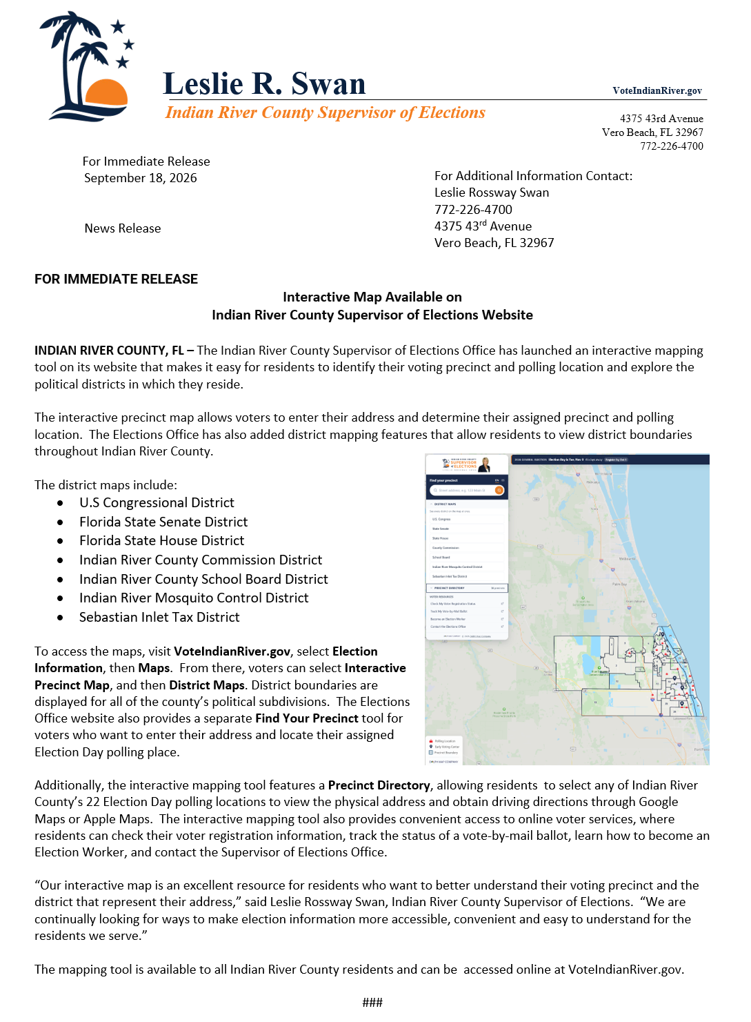 Image of press release stating interactive map available on Indian River County Supervisor of Elections website